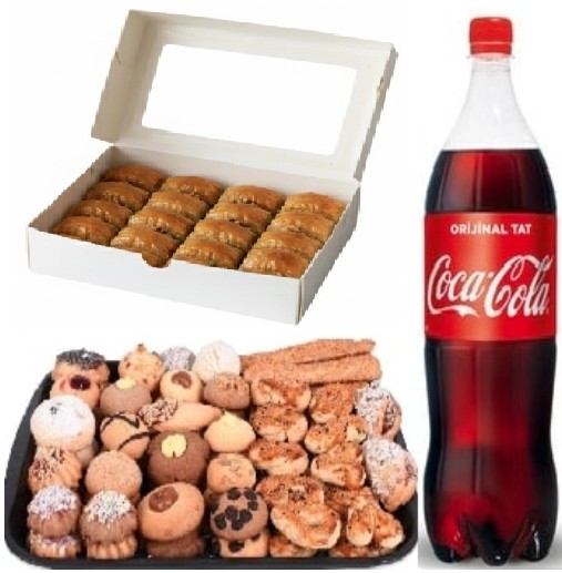 1 kg Kuru Pasta + 1 kg Cevizli Baklava + 1 Litre Kola Menüsü pasta