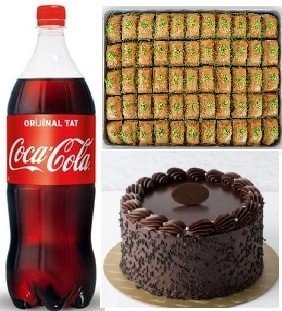 Çikolatalı Yaş Pasta 1 kg Fıstıklı Baklava 1 Litre Cola Menü pasta
